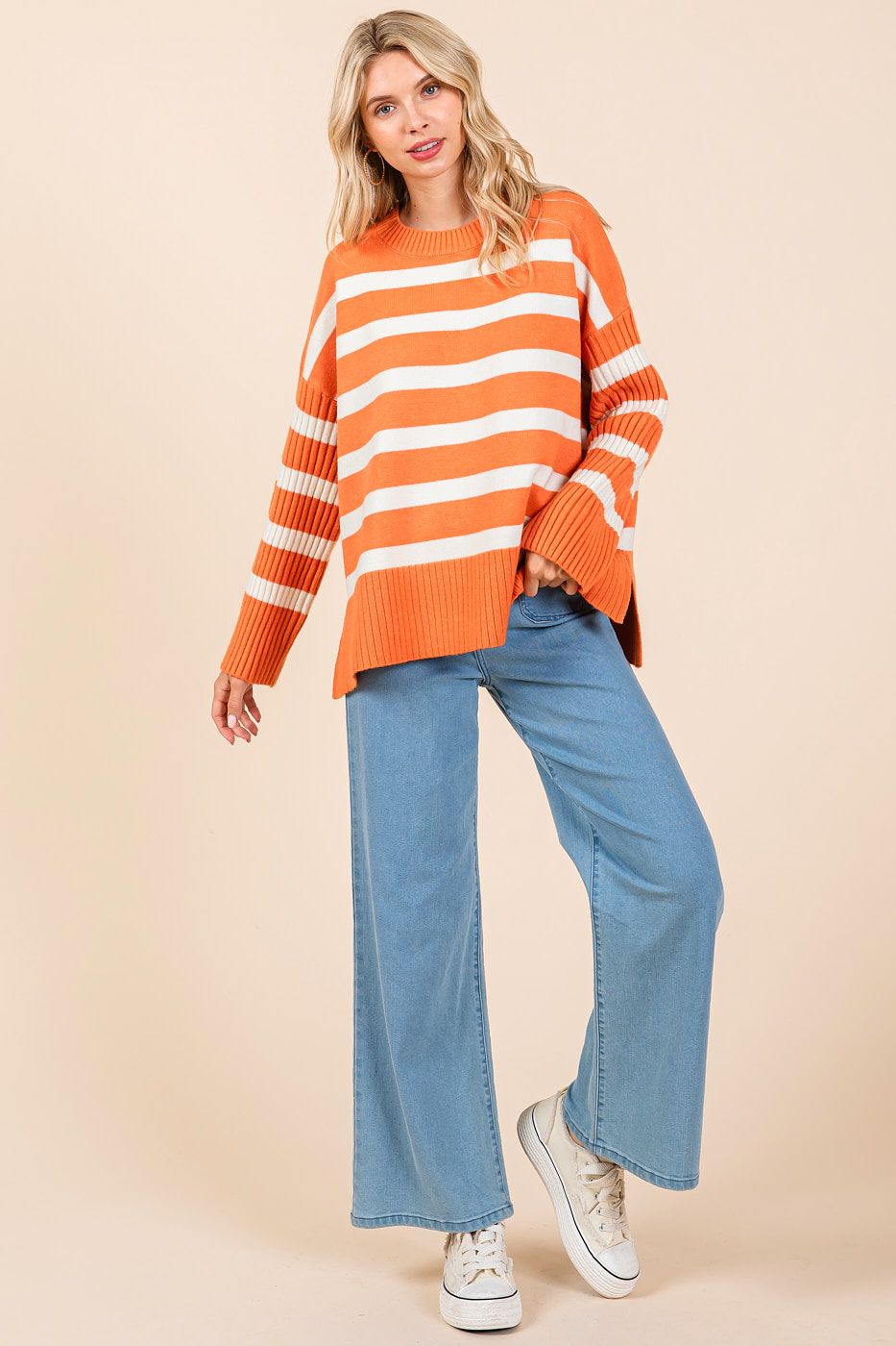 Orange & White Striped Knit Sweater Top