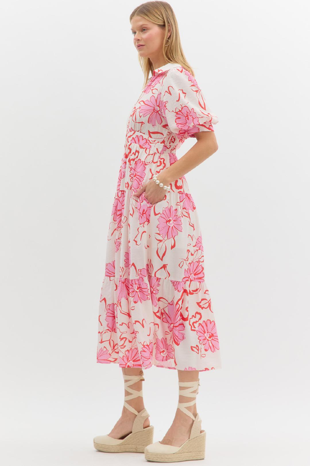 Floral Tiered Midi Dress – Pink & Red on Cream