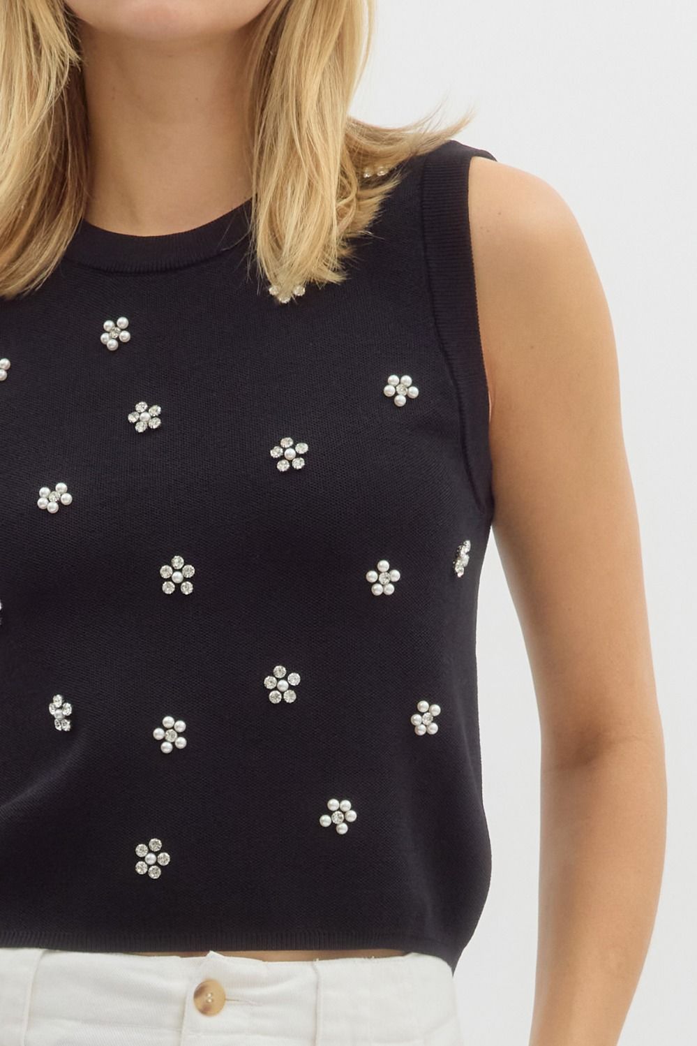 Black Sleeveless Sweater Knit Top w/ Pearl Embellishment