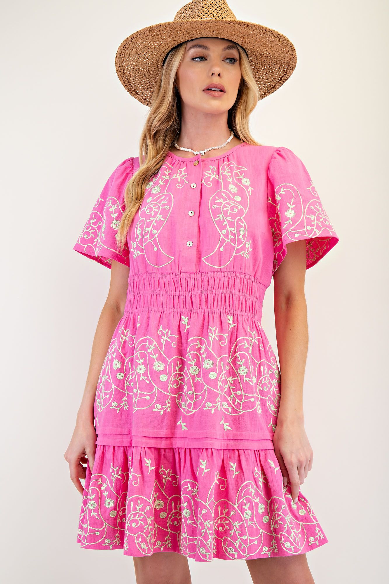 Bright Pink Cotton Dress w/ Cream Floral Embroidery