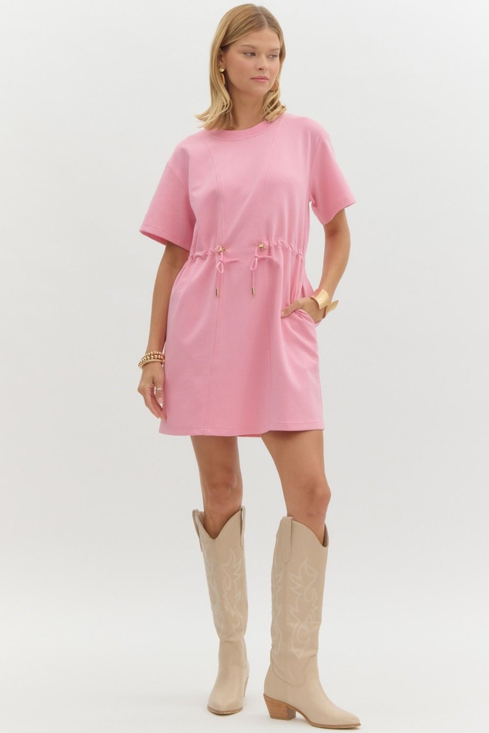 Pink Mini Knit Dress w/ Drawstring Waist