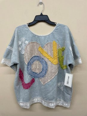 Light Blue Love Letters Patchwork Top