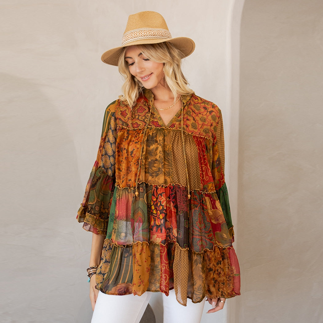 Earthy Boho Band Collar Top