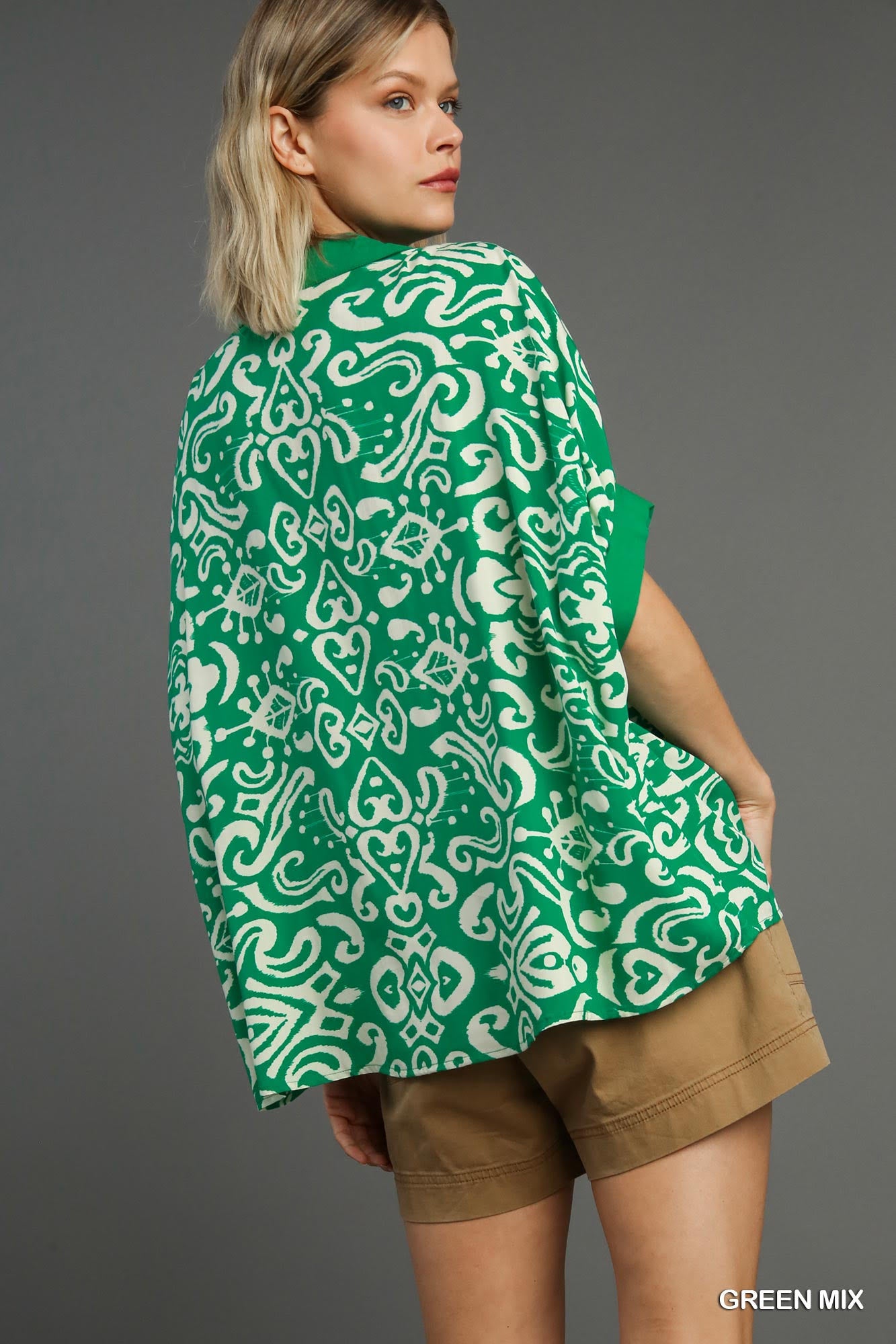 Green & White Printed Oversized Button Down Top