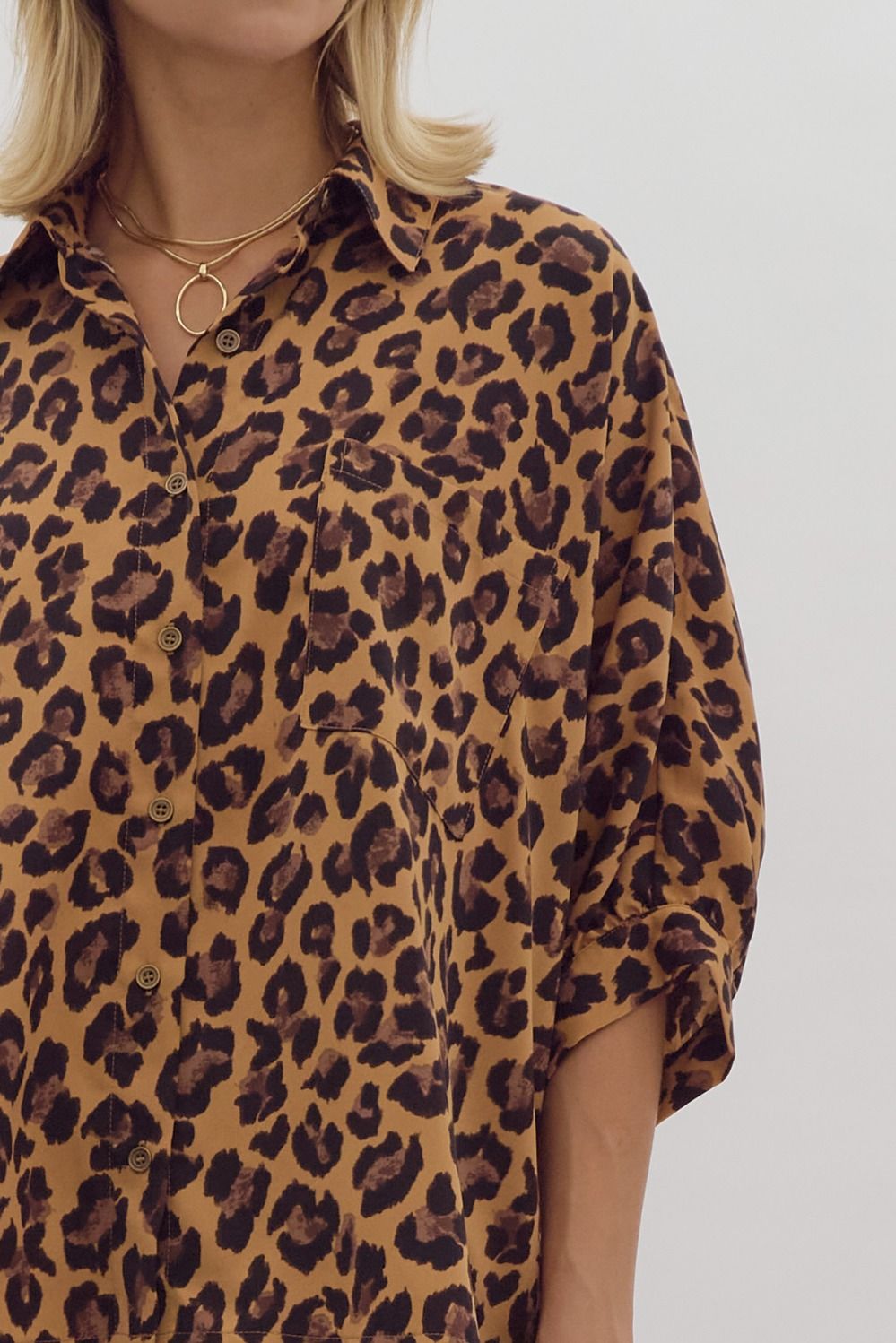 Camel Cheetah Print Button Down Top