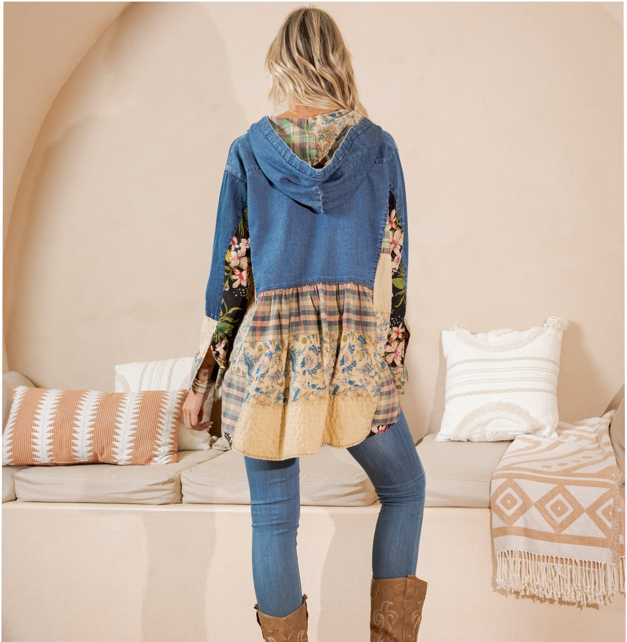 Denim & Patchwork Boho Hooded Top