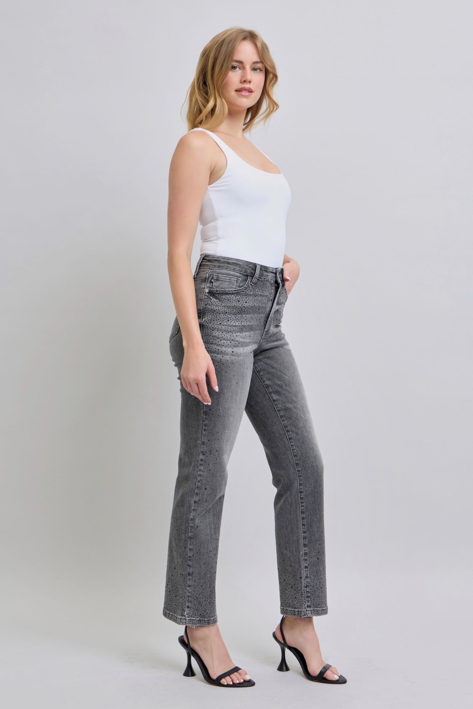 Grey/Black Judy Blue High Waist Rhinestone Straight Jeans