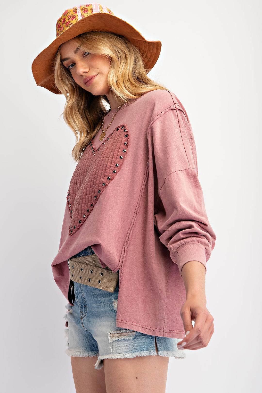 Mauve Heart Patch Mineral Washed Pullover