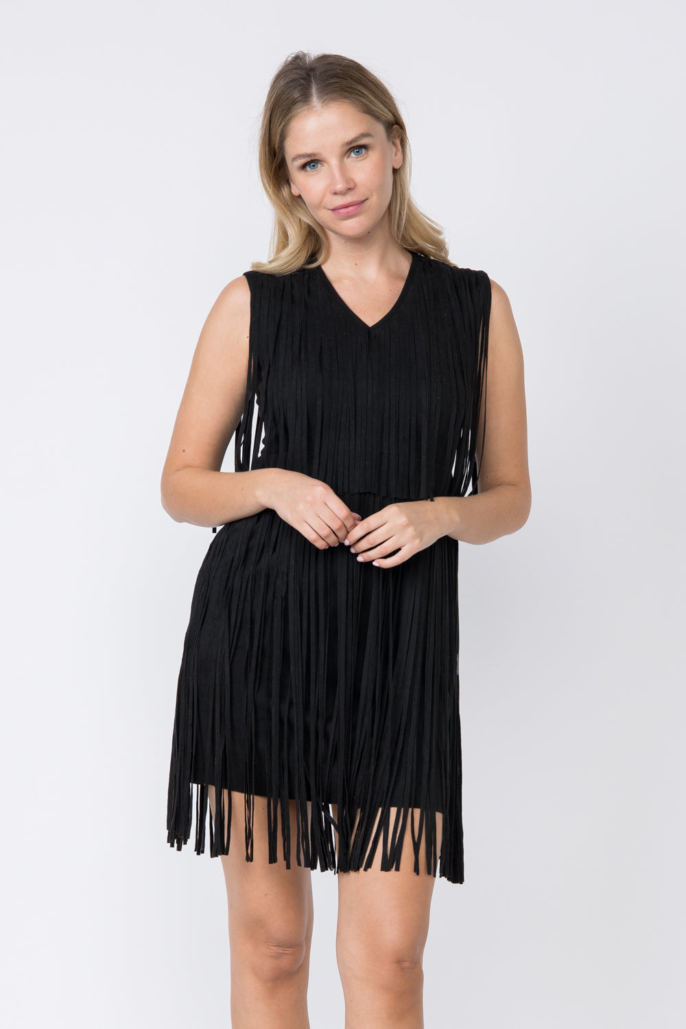 Black Faux Suede Sleeveless Fringed Mini Dress