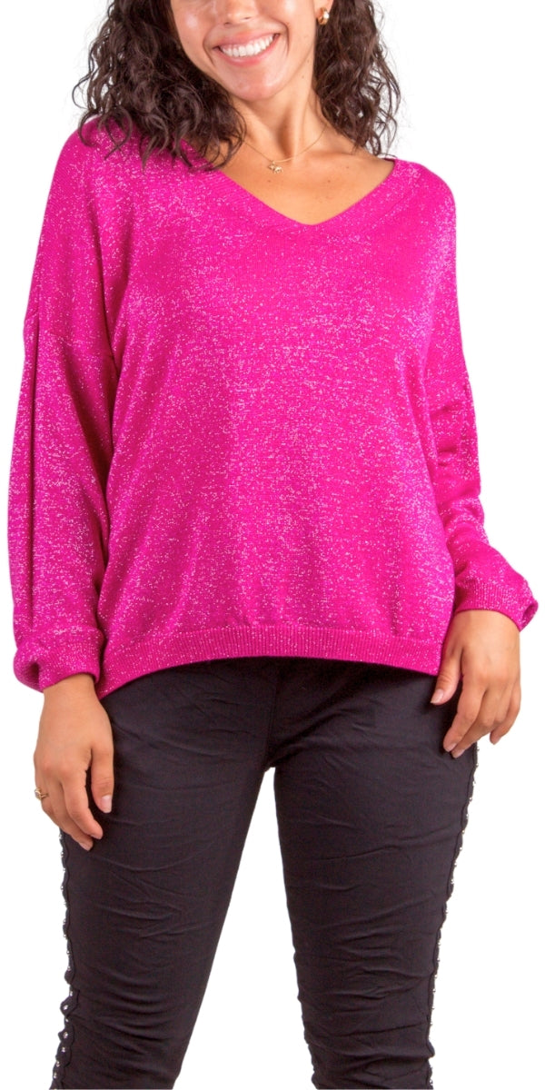 Shimmery Hot Pink  Lurex Knit Long Sleeve Top