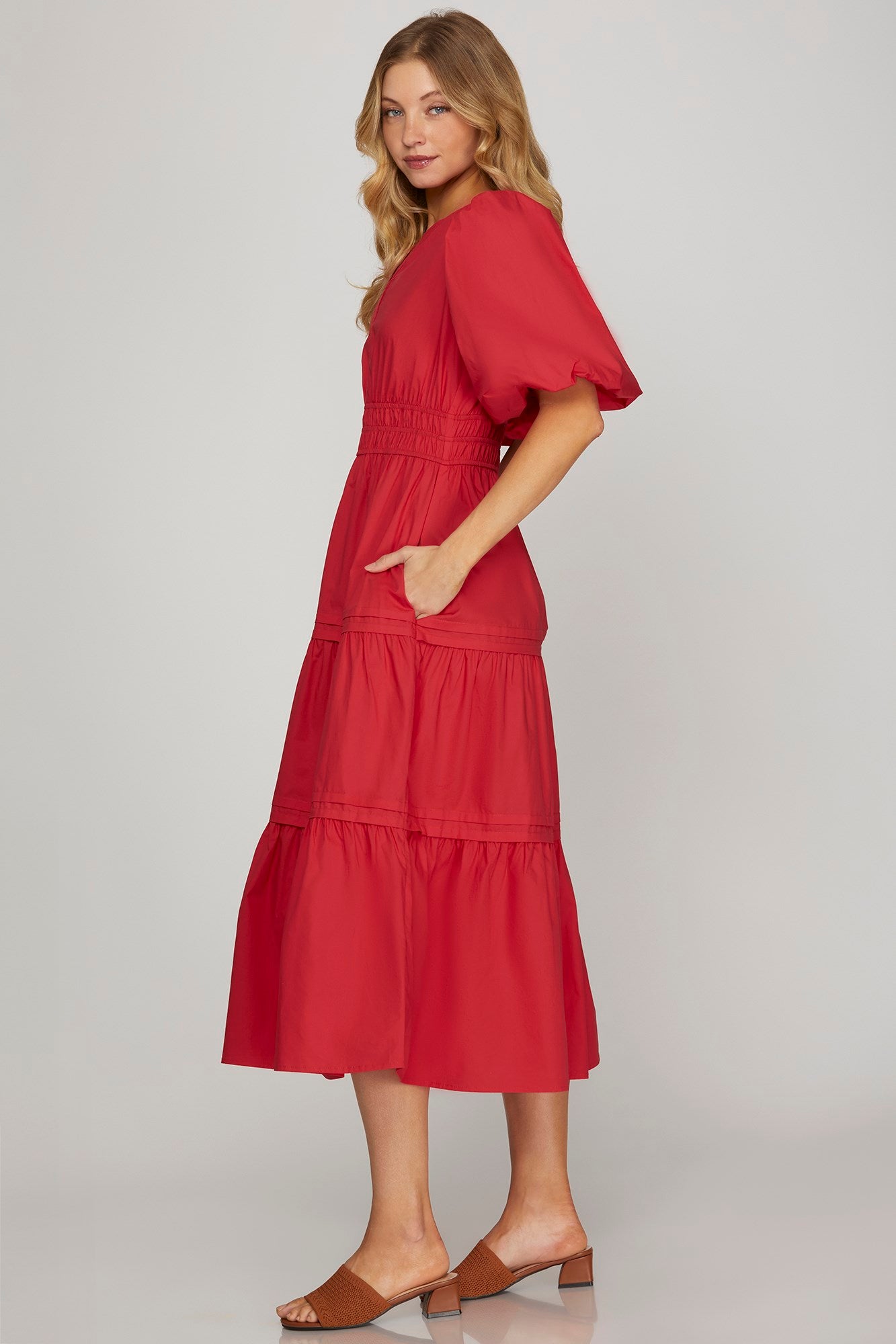 Red Balloon Half Sleeve Woven Poplin Midi Dress