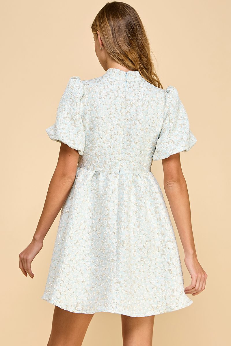 Light Blue Elegant Jacquard Puff Sleeve Fit-and-Flare Dress