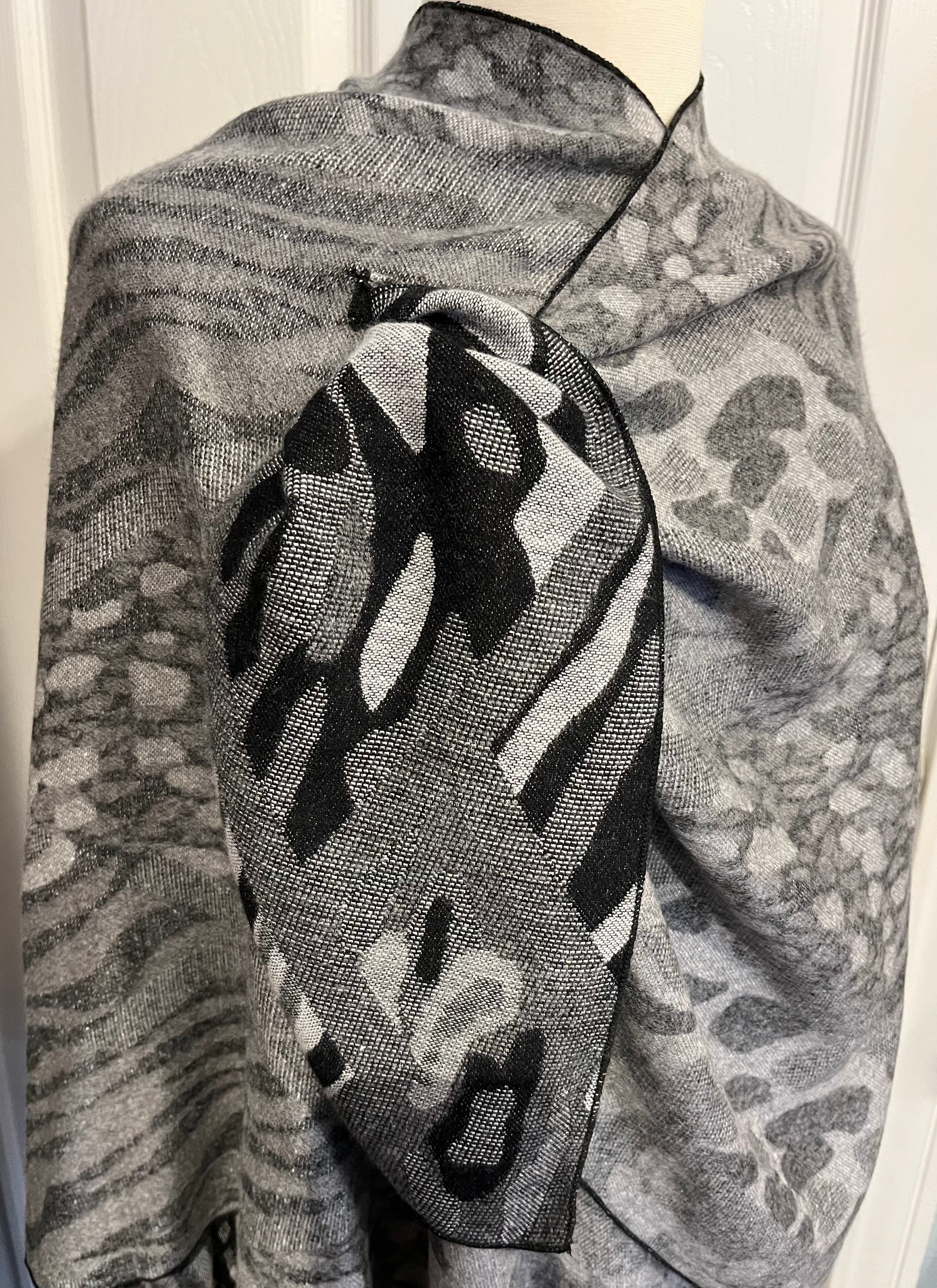 Black, Grey & White Leopard Reversible Cashmere Shawl