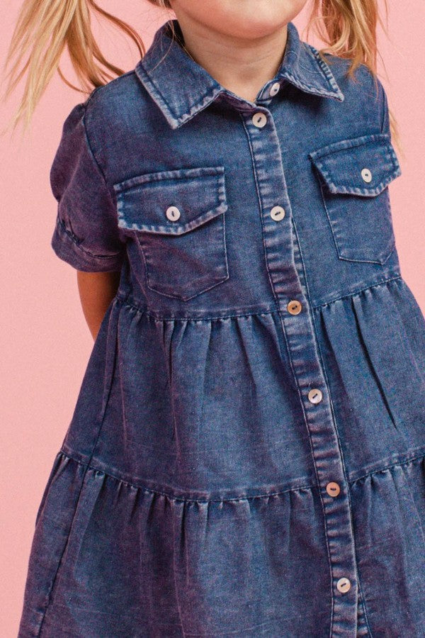 Girl's Button Up Tiered Denim Dress